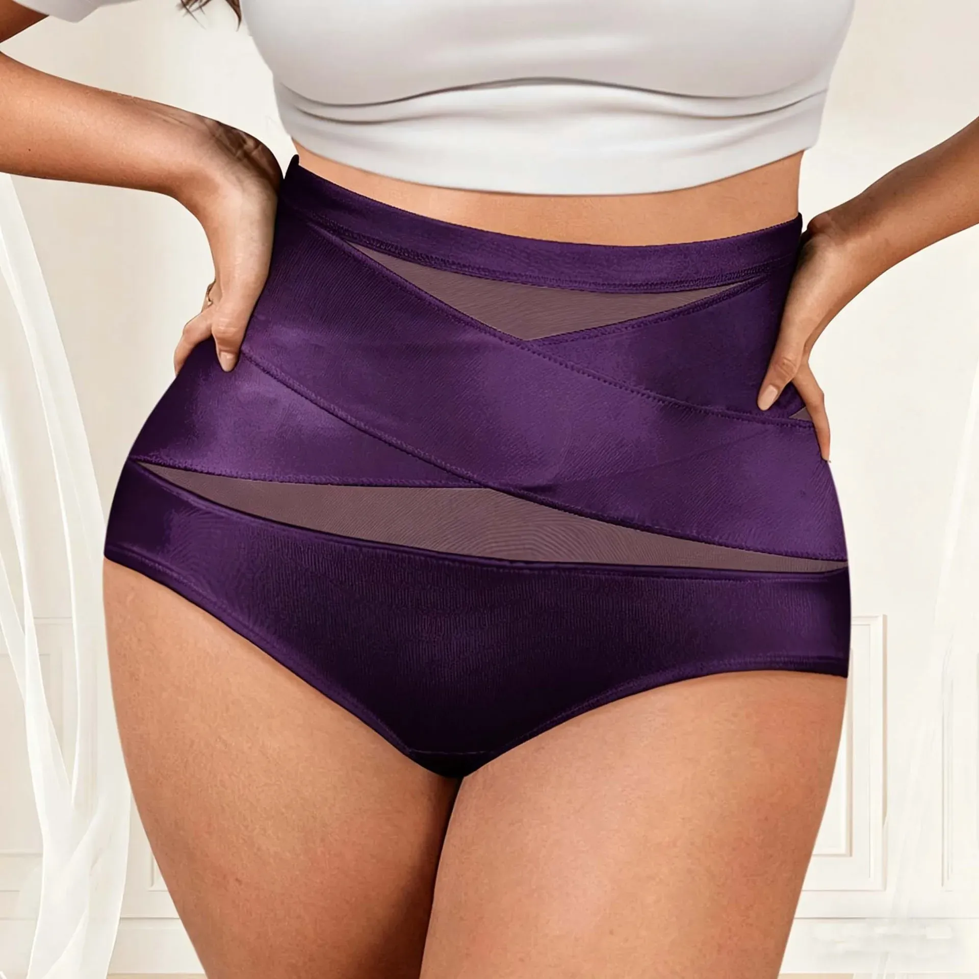 Woman wearing the Sycario high-waist cross-band brief in purple